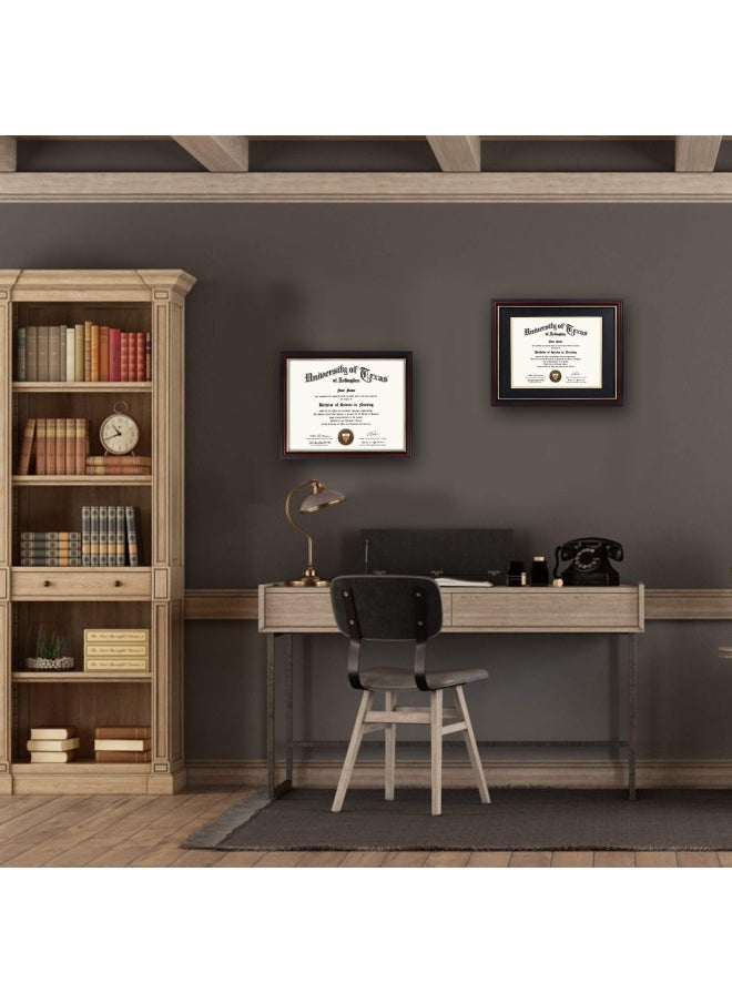 GraduationMall 11X14 Diploma Frame For 8.5X11 Certificate Real Wood And Uv Protection Acrylic Cherry Finish With Gold Trim Black And Gold Mat  - Image 2