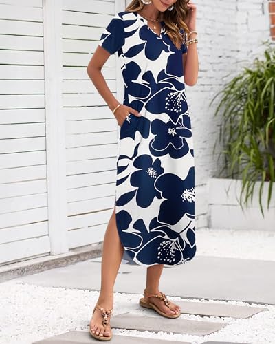 MISFAY Women's Summer Casual Maxi Dress 2026 Short Sleeves V Neck Loose Sundress Split Long Beach T Shirt Dress Vacation Outfits(White Navy Flower,XL) - Image 2