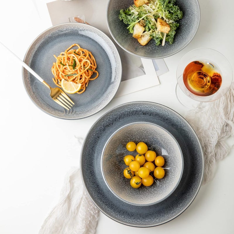 Arora FAIT Round Stoneware 16pc Double Bowl Dinnerware Set for 4 Dinner Plates Side Plates Cereal Bowls Pasta Bowls  Reactive Glaze Grey 439699 - Image 4