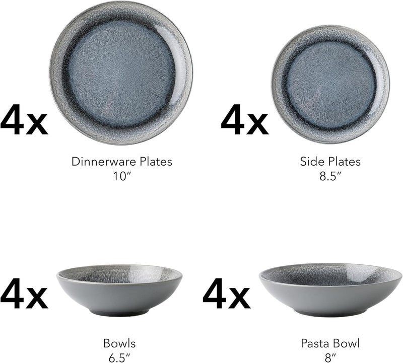 Arora FAIT Round Stoneware 16pc Double Bowl Dinnerware Set for 4 Dinner Plates Side Plates Cereal Bowls Pasta Bowls  Reactive Glaze Grey 439699 - Image 2