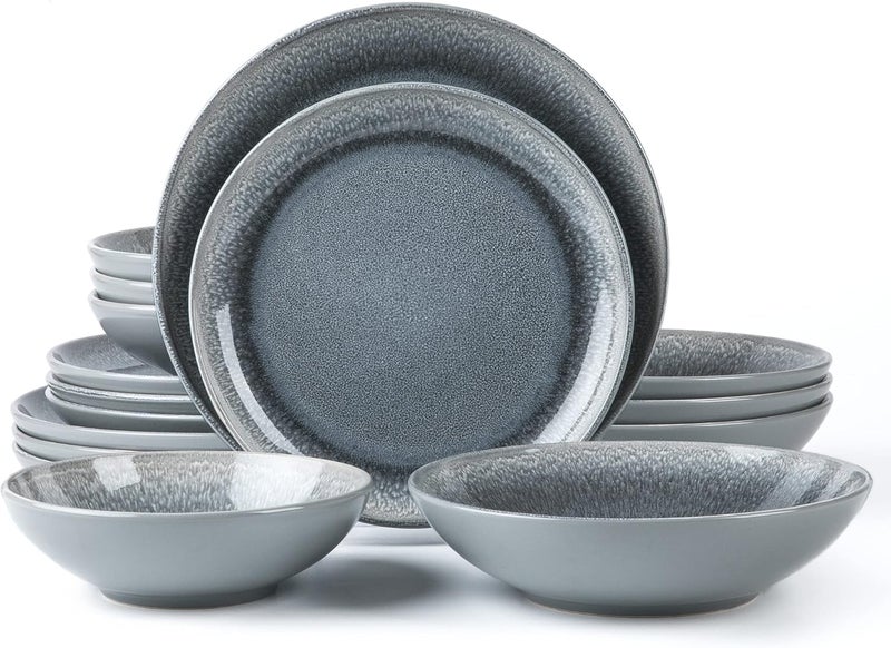 Arora FAIT Round Stoneware 16pc Double Bowl Dinnerware Set for 4 Dinner Plates Side Plates Cereal Bowls Pasta Bowls  Reactive Glaze Grey 439699 - Image 1