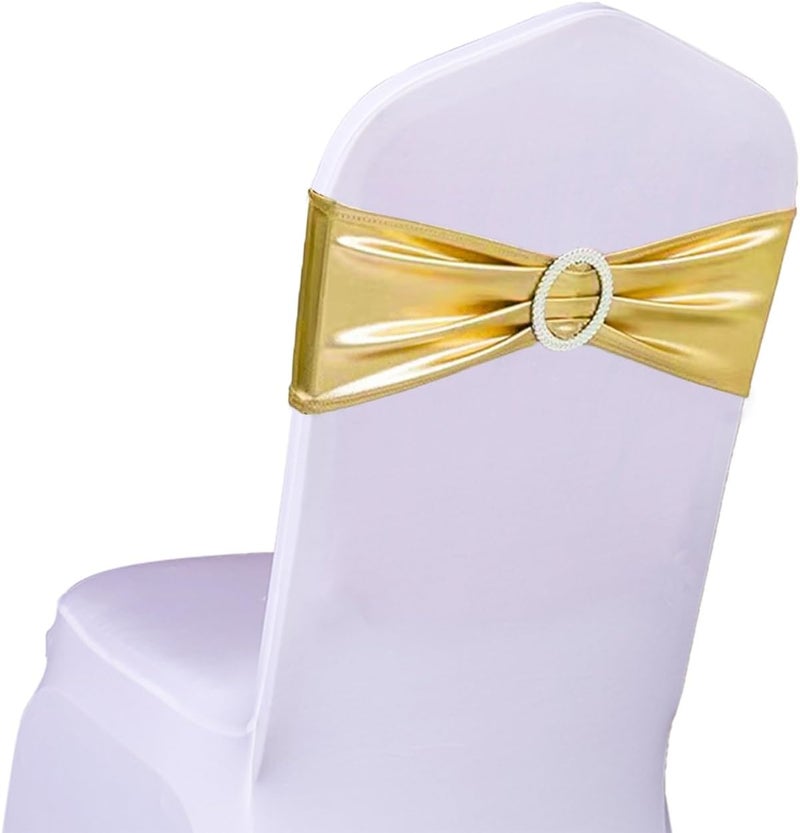 SINSSOWL Wedding Metallic Gold Chair Sashes 100 Pack Spandex Chair Bands with Buckle Bronzing Gold Chairs Bows for Party Birthday Bridal Shower Engagement Christmas Event Decorations (Bronzing Gold) - Image 1