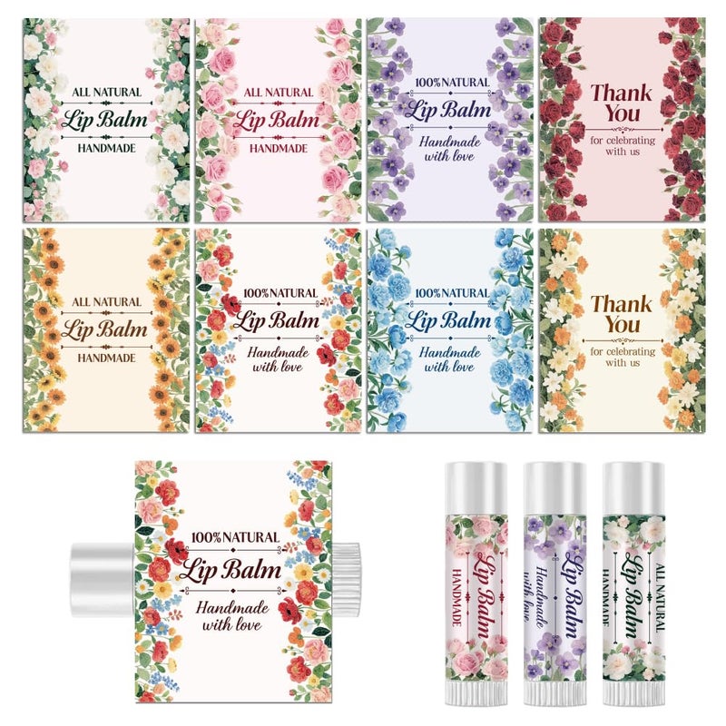 Peacoblue 160Pcs Lip Balm Labels Sticker for Tubes 2.1"x1.7" Flowers with Words, 8 Styles Waterproof Chapstick Labels Glossy for Homemade Lip Balm Container Wedding Party Holiday Gifts - Image 1