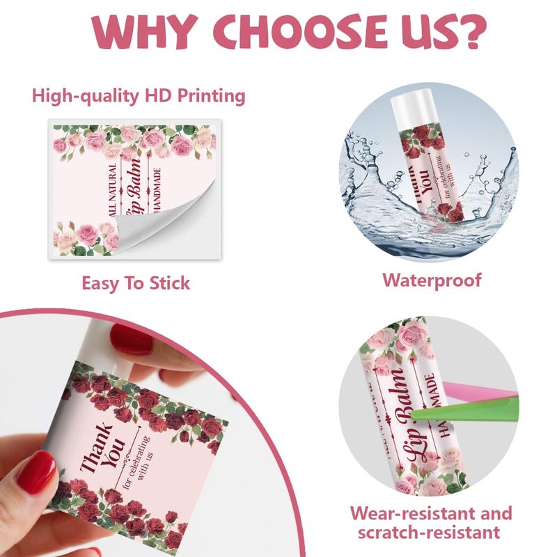 Peacoblue 160Pcs Lip Balm Labels Sticker for Tubes 2.1"x1.7" Flowers with Words, 8 Styles Waterproof Chapstick Labels Glossy for Homemade Lip Balm Container Wedding Party Holiday Gifts - Image 4