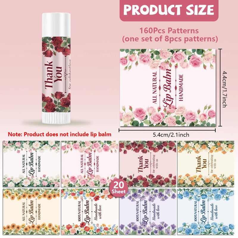 Peacoblue 160Pcs Lip Balm Labels Sticker for Tubes 2.1"x1.7" Flowers with Words, 8 Styles Waterproof Chapstick Labels Glossy for Homemade Lip Balm Container Wedding Party Holiday Gifts - Image 3