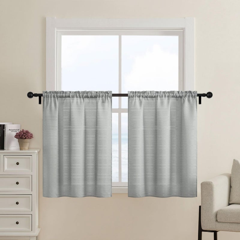 Home Queen Water Repellent Waffle Tier Curtains for Bathroom Window  Half Window Drapes for Kitchen  30 W X 45 L Inch Each  Solid Grey - Image 1