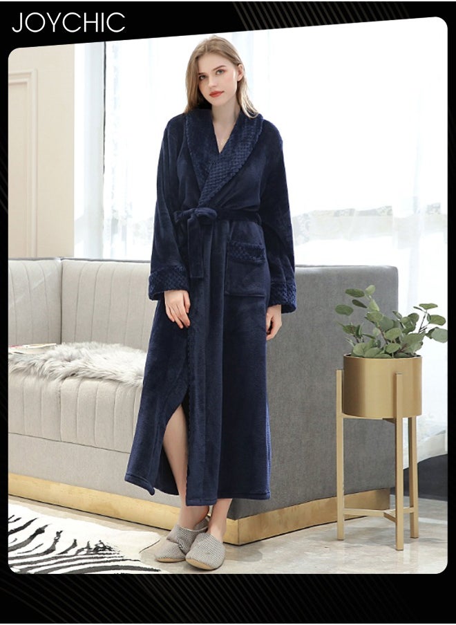 Joychic - New Style Female Pajamas Autumn and Winter Long-sleeved Nightgown Flannel Thickened Warm Windproof Sleep Robe for Bedroom Home Navy Blue - Image 1