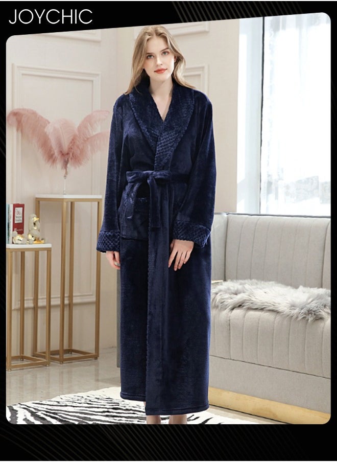 Joychic - New Style Female Pajamas Autumn and Winter Long-sleeved Nightgown Flannel Thickened Warm Windproof Sleep Robe for Bedroom Home Navy Blue - Image 1