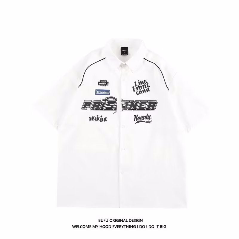 in stock American Retro Racing Car Suit Letter Short-sleeved Shirt Summer Thin Trendy Brand Loose Cardigan Jacket White (high quality)
