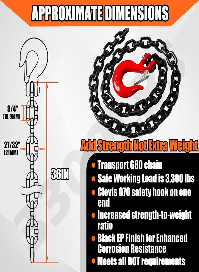 YATOINTO 2-Pack Grade 80 Trailer Safety Chain 36 Inch, Black Electrophoresis Finish with 1/4'' Red Clevis Snap Hook | Heavy Duty Transport Chain 13,200 lbs Break Strength for Towing - Image 5
