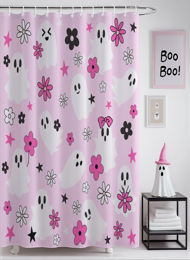 Mocsicka Pink Halloween Shower Curtain Aesthetic Cute Ghost Halloween Bathroom Decor, Groovy Floral Ghost Shower Curtain, Modern Spooky Preppy Bath Curtain (Hot Pink, 71x71 inch) - Image 1