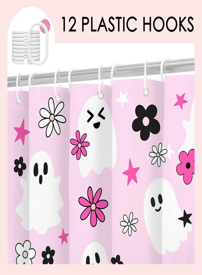 Mocsicka Pink Halloween Shower Curtain Aesthetic Cute Ghost Halloween Bathroom Decor, Groovy Floral Ghost Shower Curtain, Modern Spooky Preppy Bath Curtain (Hot Pink, 71x71 inch) - Image 3