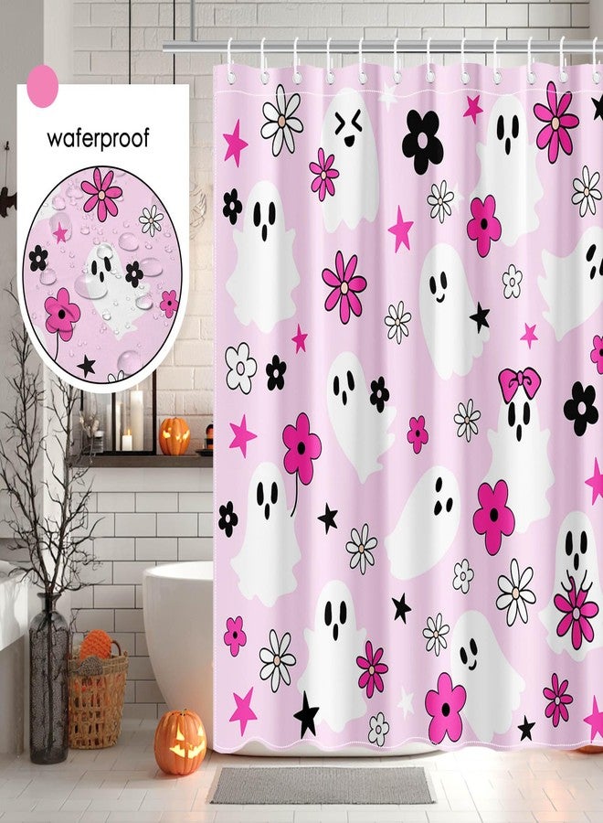Mocsicka Pink Halloween Shower Curtain Aesthetic Cute Ghost Halloween Bathroom Decor, Groovy Floral Ghost Shower Curtain, Modern Spooky Preppy Bath Curtain (Hot Pink, 71x71 inch) - Image 5