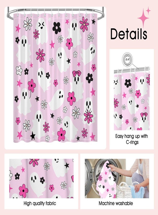 Mocsicka Pink Halloween Shower Curtain Aesthetic Cute Ghost Halloween Bathroom Decor, Groovy Floral Ghost Shower Curtain, Modern Spooky Preppy Bath Curtain (Hot Pink, 71x71 inch) - Image 4