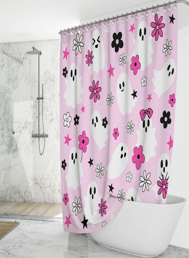 Mocsicka Pink Halloween Shower Curtain Aesthetic Cute Ghost Halloween Bathroom Decor, Groovy Floral Ghost Shower Curtain, Modern Spooky Preppy Bath Curtain (Hot Pink, 71x71 inch) - Image 2