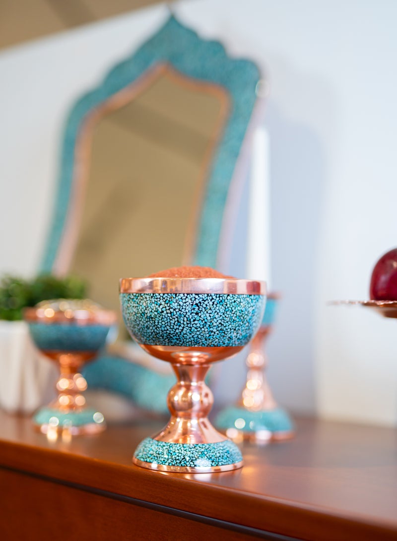Aghajani Handcrafted Copper and Turquoise Chalice Bowl, 16 cm Vintage-Inspired Fruit and Nut Holder Pedestal for Home Decor - Image 1
