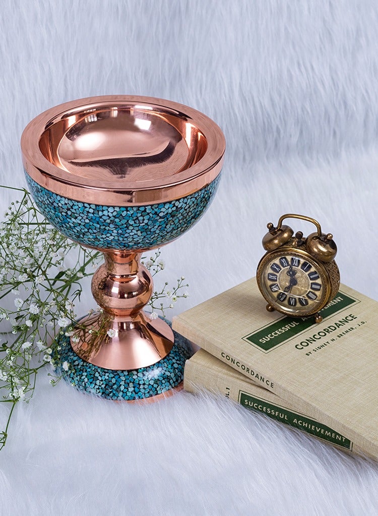 Aghajani Handcrafted Copper and Turquoise Chalice Bowl, 16 cm Vintage-Inspired Fruit and Nut Holder Pedestal for Home Decor - Image 2
