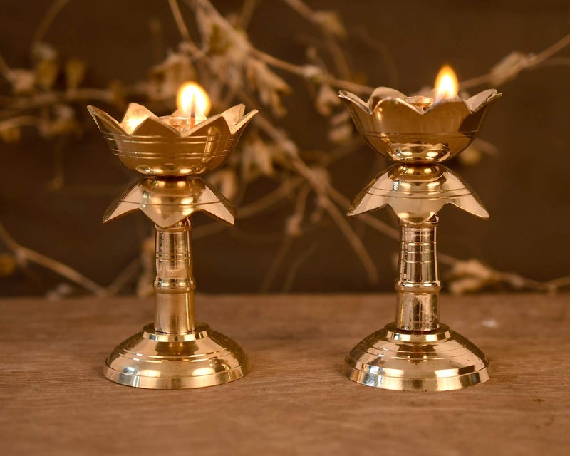 DAZVI DAZVI Set of 2 Pure Brass Diya for Puja Temaple Decoration Lotus Shape Pillar Stand Oil Lamp Home Mandir Pooja Articles Decor Gifts Diya Kuber Deepam Deepak Height 45 Inch  - Image 2