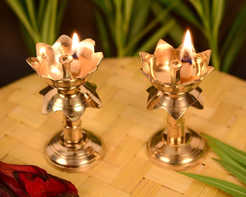DAZVI DAZVI Set of 2 Pure Brass Diya for Puja Temaple Decoration Lotus Shape Pillar Stand Oil Lamp Home Mandir Pooja Articles Decor Gifts Diya Kuber Deepam Deepak Height 45 Inch  - Image 3
