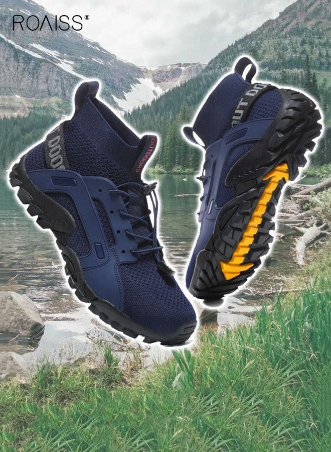 رويس حذاء رياضي رجالي مريح وجيد التهوية من الشبكة مع أشرطة مرنة متعدد الاستخدامات وعصري ومضاد للانزلاق ومقاوم للتآكل للمشي لمسافات طويلة في الهواء الطلق باللون الأزرق - Image 2