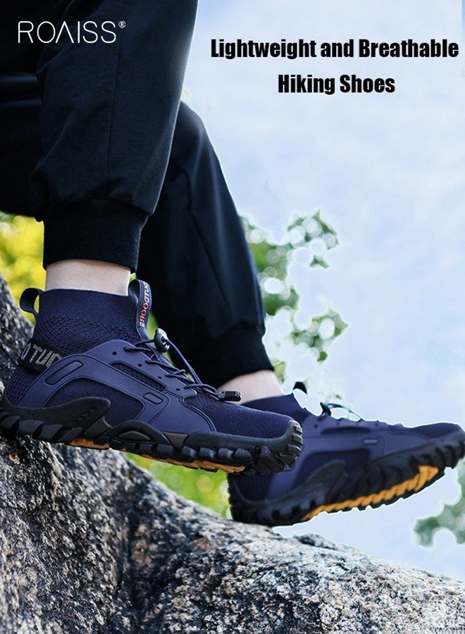 رويس حذاء رياضي رجالي مريح وجيد التهوية من الشبكة مع أشرطة مرنة متعدد الاستخدامات وعصري ومضاد للانزلاق ومقاوم للتآكل للمشي لمسافات طويلة في الهواء الطلق باللون الأزرق - Image 1