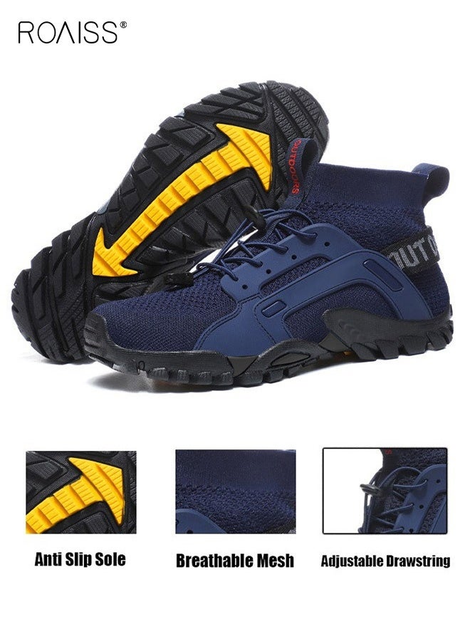 رويس حذاء رياضي رجالي مريح وجيد التهوية من الشبكة مع أشرطة مرنة متعدد الاستخدامات وعصري ومضاد للانزلاق ومقاوم للتآكل للمشي لمسافات طويلة في الهواء الطلق باللون الأزرق - Image 3
