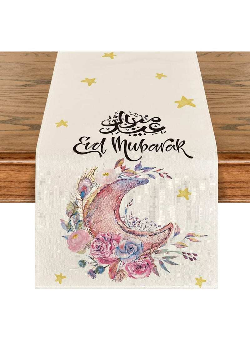 Bluejw Eid Mubarak Table Flag Table Runner Ramadan Kareem Table Decorations Star Moon Lantern Ramadan Decor Sets For  Dining Supply 13x72 Inch - Image 1