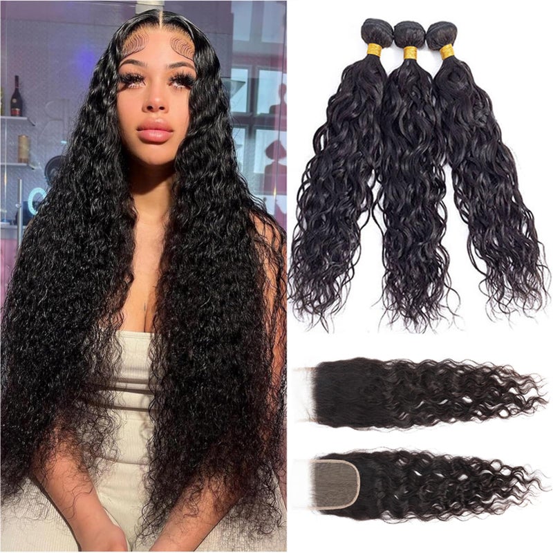 ROYAL IMPRESSION 12A Water Wave Bundles with Closure Human Hair (18 20 22+16") 100% Unprocessed Virgin Brazilian Human Hair Wave 3 Bundles with 4Ã—4 Lace Closure Natural Color - Image 3