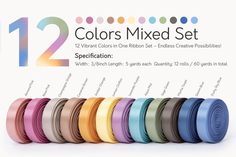 Keypan Pastel Stain Ribbon 3/8 Inch x 12 Rolls Total 60 Yards Colorful Ribbons for Gift Wrapping Flower Bouquet Paper Bows Wedding Invitations Easter DIY Crafts - Image 2