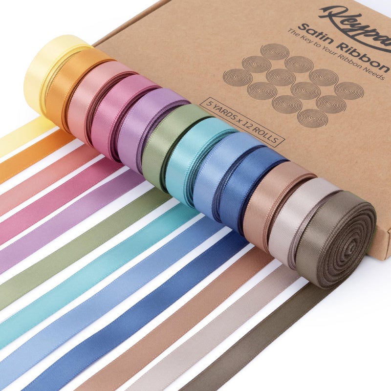 Keypan Pastel Stain Ribbon 3/8 Inch x 12 Rolls Total 60 Yards Colorful Ribbons for Gift Wrapping Flower Bouquet Paper Bows Wedding Invitations Easter DIY Crafts - Image 1