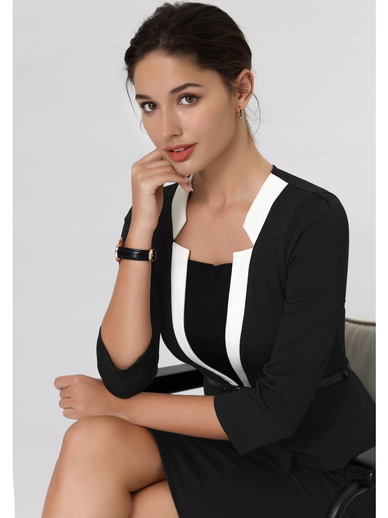 Hobemty Women's Office Dress 3/4 Sleeve Notch Collar Work Sheath Dresses Medium Black - Image 4