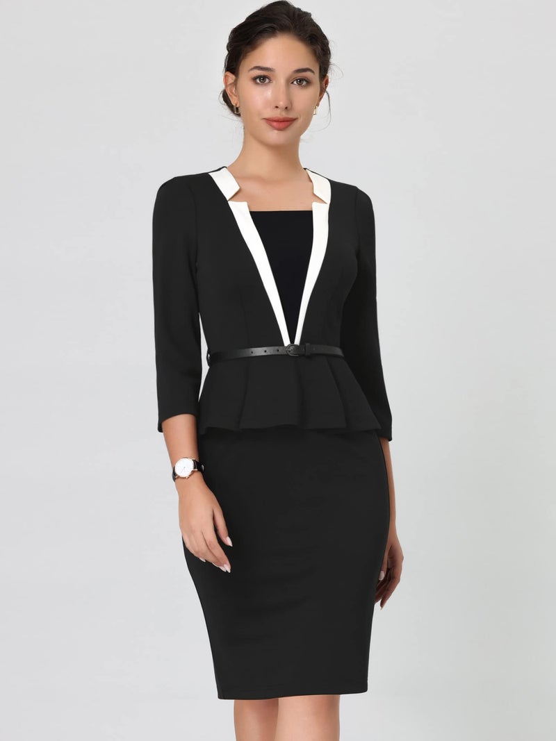 Hobemty Women's Office Dress 3/4 Sleeve Notch Collar Work Sheath Dresses Medium Black - Image 2