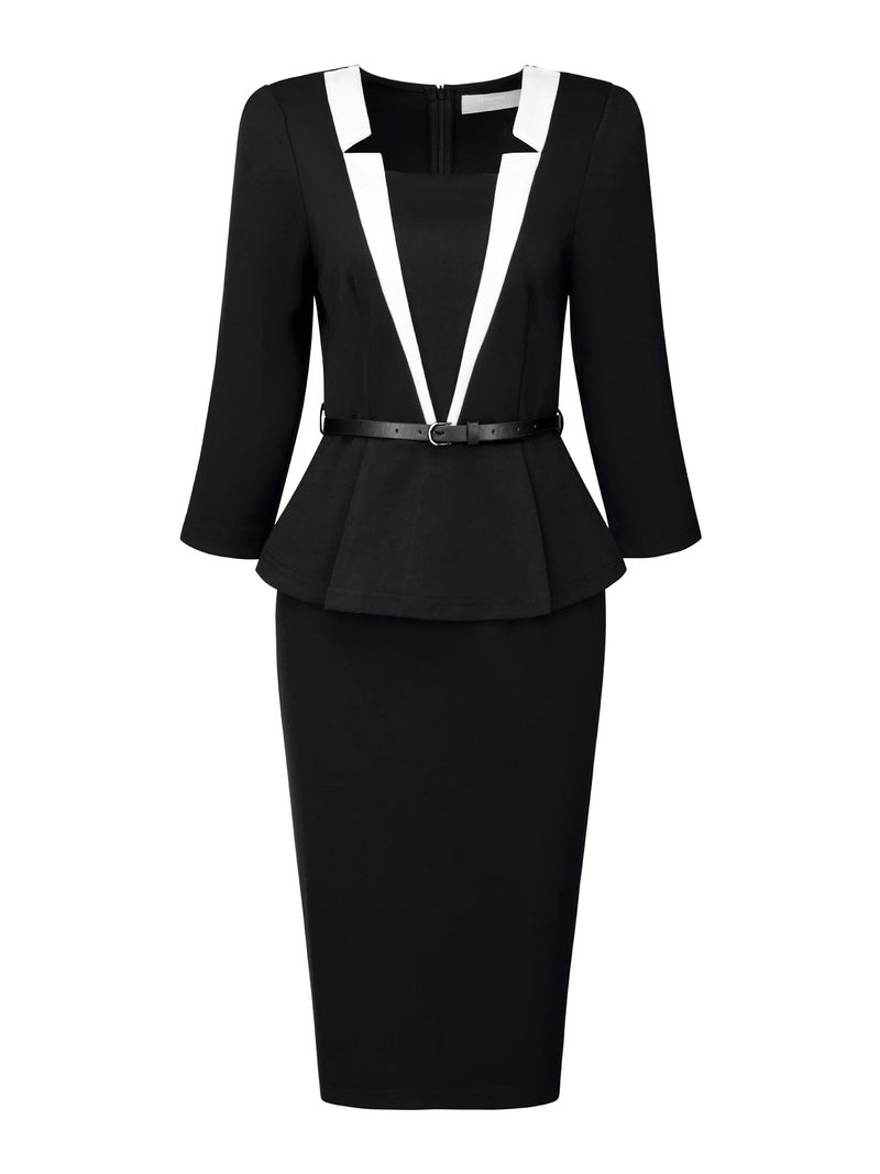 Hobemty Women's Office Dress 3/4 Sleeve Notch Collar Work Sheath Dresses Medium Black - Image 1