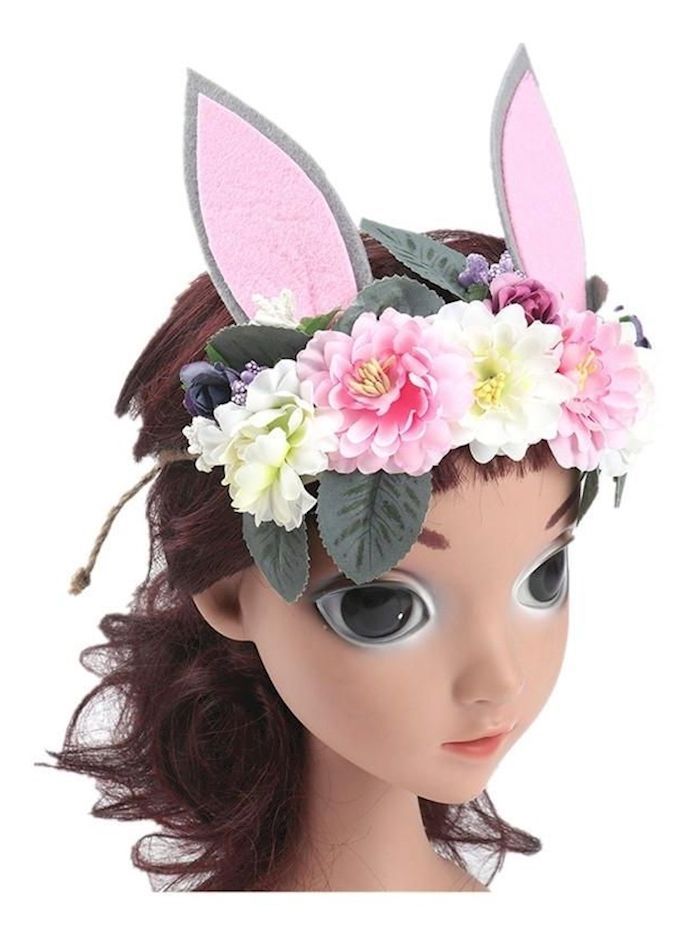 NIBEMINENT Rabbit Ear Flower Headband Pink/Grey/Beige
