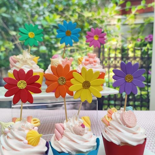Incrizma Blush Pink Daisy Party Picks Cupcake Toppers Toothpicks Food Picks Girls Baby Shower Birthday Party Decorations Pack of 12 (Rianbow Daisy Picks) - Image 5