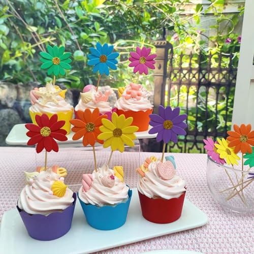 Incrizma Blush Pink Daisy Party Picks Cupcake Toppers Toothpicks Food Picks Girls Baby Shower Birthday Party Decorations Pack of 12 (Rianbow Daisy Picks) - Image 3