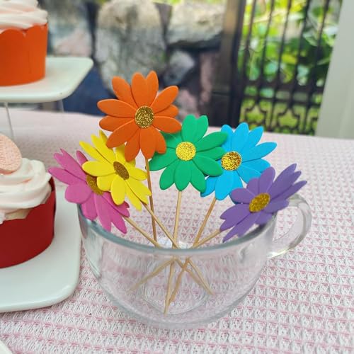Incrizma Blush Pink Daisy Party Picks Cupcake Toppers Toothpicks Food Picks Girls Baby Shower Birthday Party Decorations Pack of 12 (Rianbow Daisy Picks) - Image 4