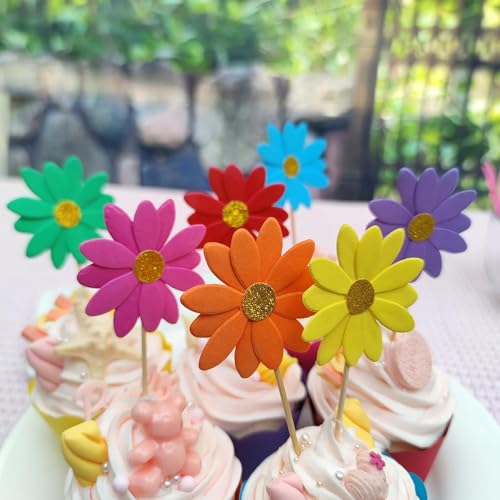 Incrizma Blush Pink Daisy Party Picks Cupcake Toppers Toothpicks Food Picks Girls Baby Shower Birthday Party Decorations Pack of 12 (Rianbow Daisy Picks) - Image 2