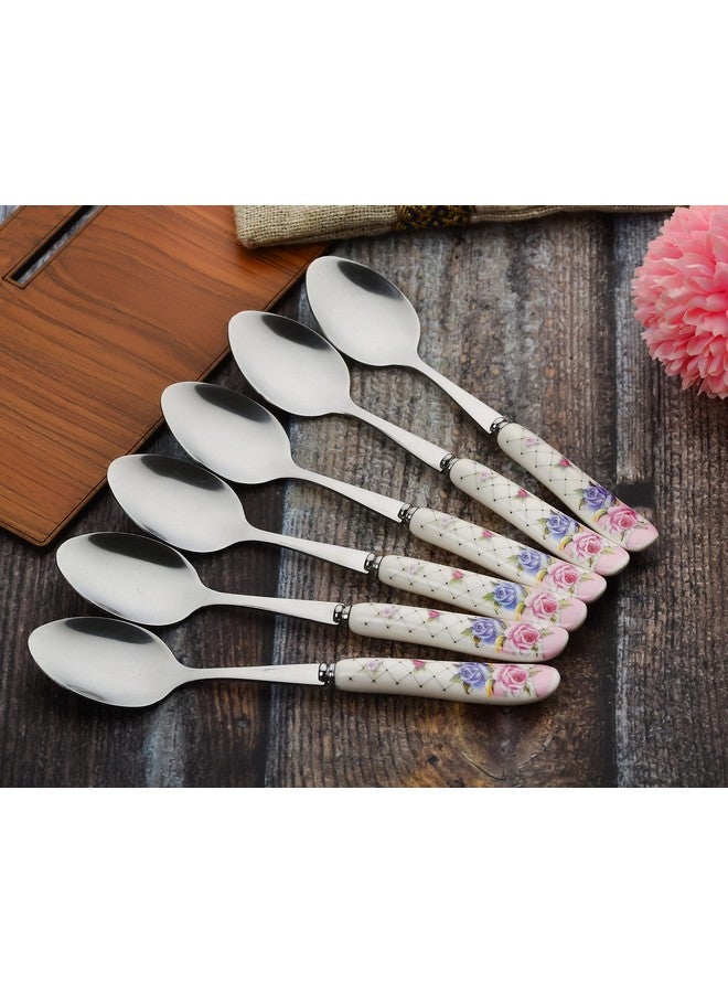 MGeezz Floral Stainless Steel Spoons Set Home & Restaurant Dinner Table Spoon With Ceramic Handle Chamach (Floral Small Spoons,Set Of 6), 23 Centimeters - Image 3