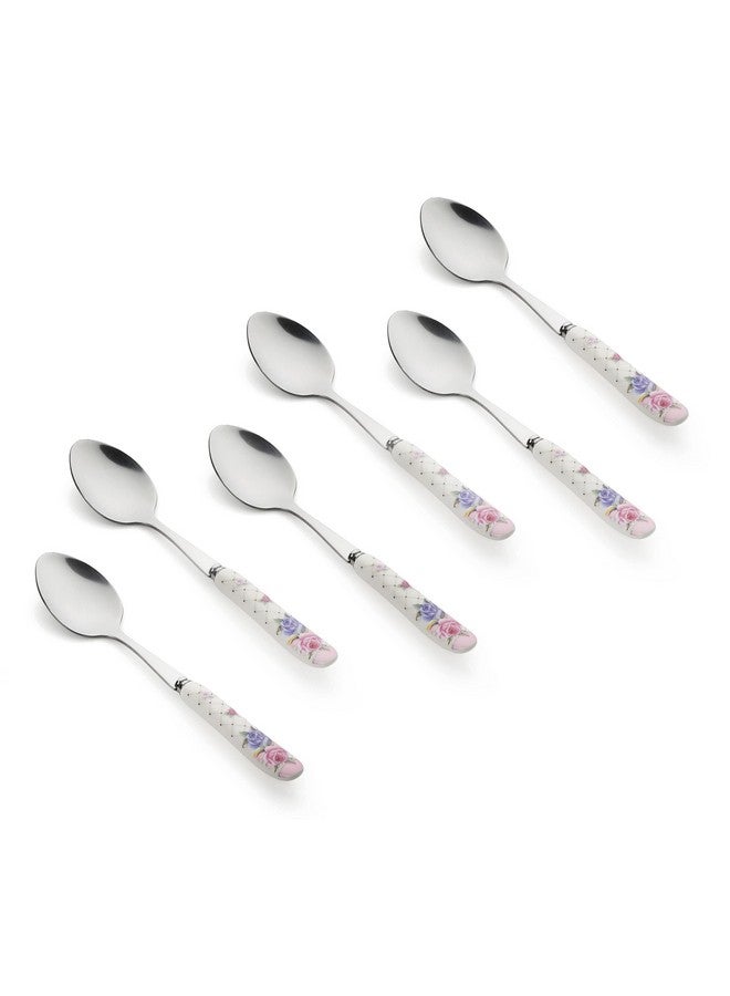 MGeezz Floral Stainless Steel Spoons Set Home & Restaurant Dinner Table Spoon With Ceramic Handle Chamach (Floral Small Spoons,Set Of 6), 23 Centimeters - Image 1