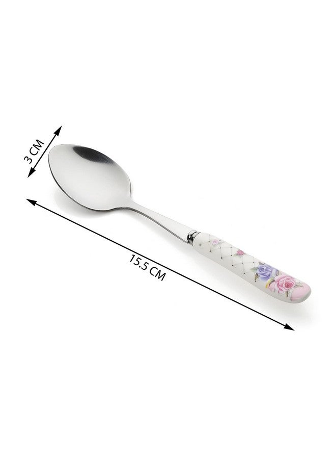 MGeezz Floral Stainless Steel Spoons Set Home & Restaurant Dinner Table Spoon With Ceramic Handle Chamach (Floral Small Spoons,Set Of 6), 23 Centimeters - Image 2