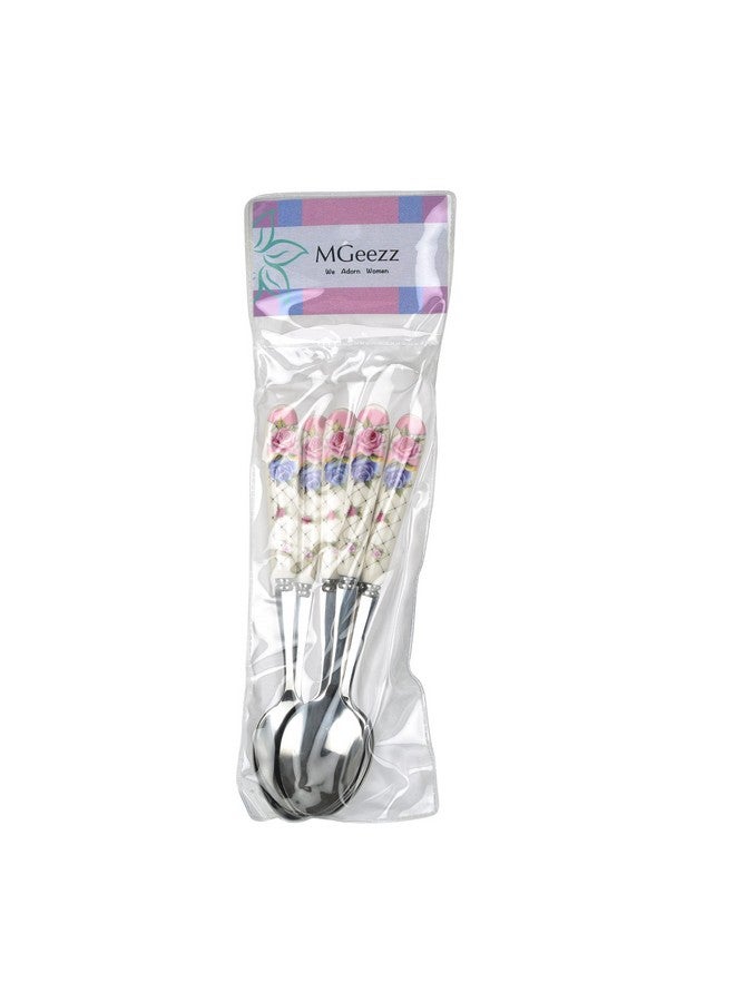 MGeezz Floral Stainless Steel Spoons Set Home & Restaurant Dinner Table Spoon With Ceramic Handle Chamach (Floral Small Spoons,Set Of 6), 23 Centimeters - Image 5