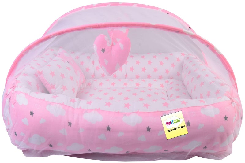 Kwitchy Baby Bedding Set New Born Baby Bed | Mattress | Luxury | Mosquito Net | Reversible | Cotton | Infant | Toddler | Boys & Girls (0-12 Months, Single Size) (Pink) - Image 1