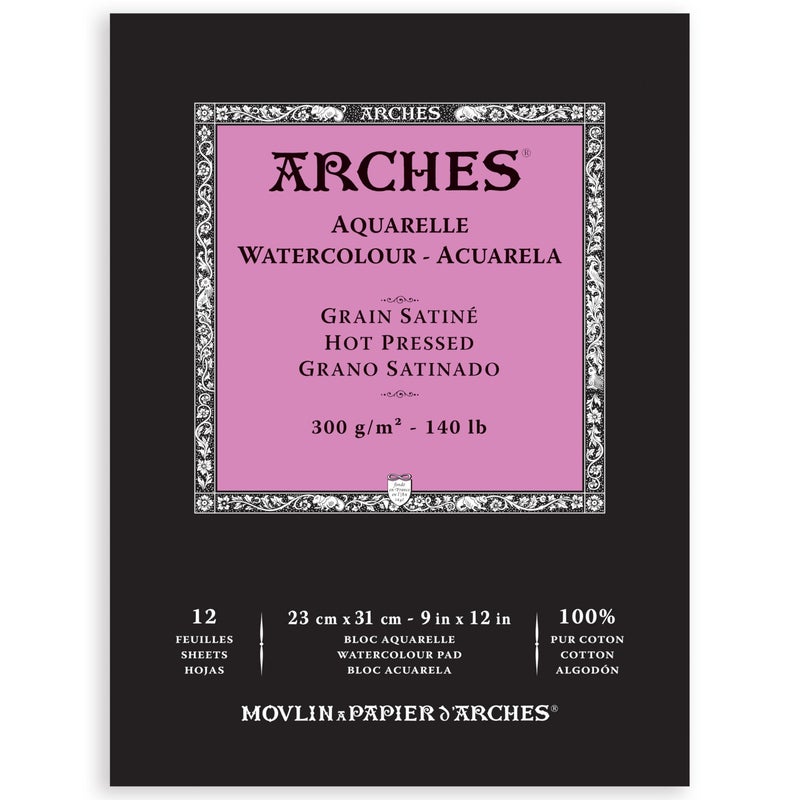 Arches Aquarelle Watercolor Pad, Hot Pressed, 140lb/300gsm, 12 Sheet, 9x12 inch, Arches Watercolor Paper 100% Cotton - Image 1