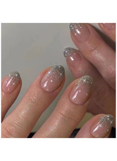 JOSQUEWNN Press On Nails 24Pcs，French Style Short Glittery Armor，Medium Fake Acrylic Nails With Glue Kit  - Image 1
