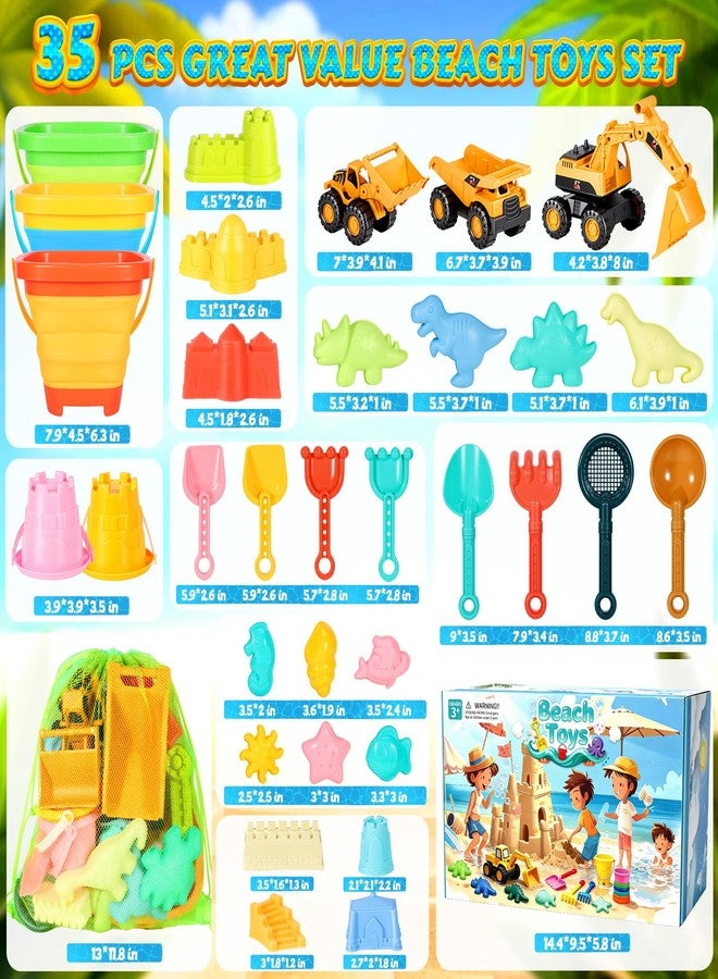HUITEM Beach Toys for Kids 35PCS Sand Toys with 3 Collapsible Bucket,3 Dump Truck,Beach Shovel,Sand Castle Building Kit,Ocean Molds,Dinosaur Sand Molds, 2 Mesh Bag,Toddler Beach Essentials for Kids 3-10 - Image 2