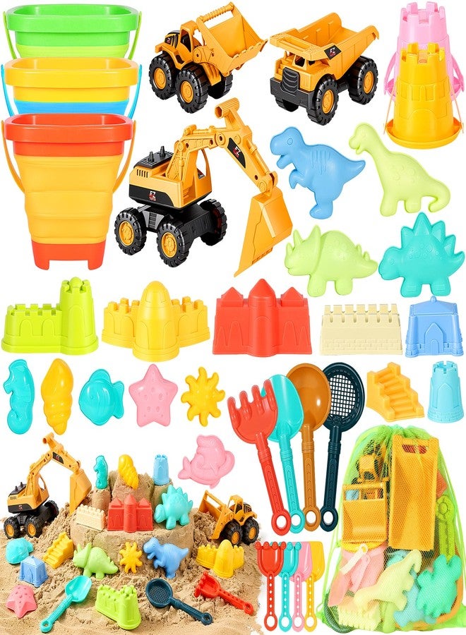 HUITEM Beach Toys for Kids 35PCS Sand Toys with 3 Collapsible Bucket,3 Dump Truck,Beach Shovel,Sand Castle Building Kit,Ocean Molds,Dinosaur Sand Molds, 2 Mesh Bag,Toddler Beach Essentials for Kids 3-10 - Image 1