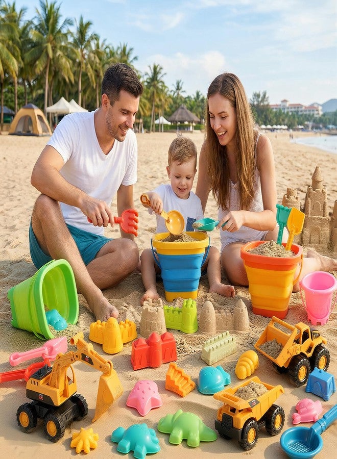 HUITEM Beach Toys for Kids 35PCS Sand Toys with 3 Collapsible Bucket,3 Dump Truck,Beach Shovel,Sand Castle Building Kit,Ocean Molds,Dinosaur Sand Molds, 2 Mesh Bag,Toddler Beach Essentials for Kids 3-10 - Image 5