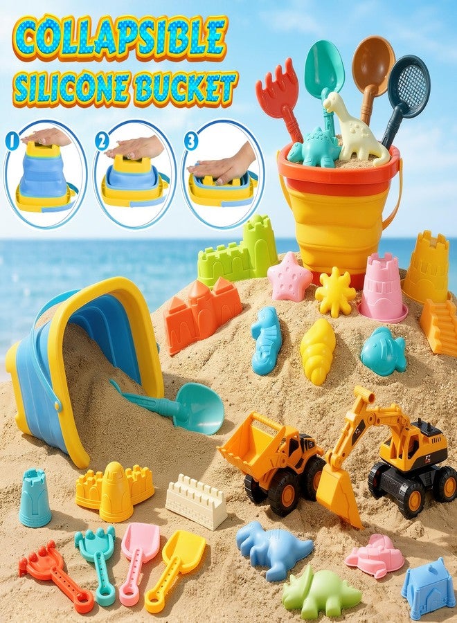 HUITEM Beach Toys for Kids 35PCS Sand Toys with 3 Collapsible Bucket,3 Dump Truck,Beach Shovel,Sand Castle Building Kit,Ocean Molds,Dinosaur Sand Molds, 2 Mesh Bag,Toddler Beach Essentials for Kids 3-10 - Image 3