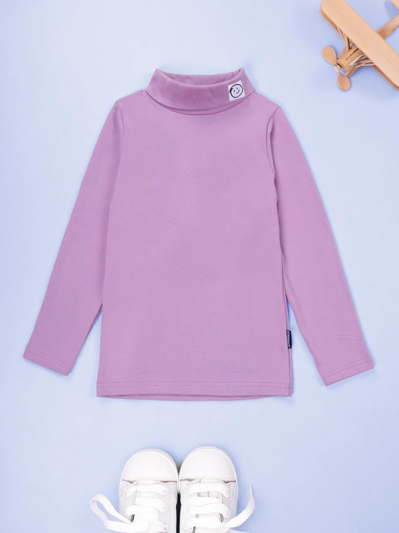 KiddoPanti Boys & Girls Cotton Turtleneck Full Sleeve Tee with Smiley Patch, Dark Lilac - 8-10Y - Image 3